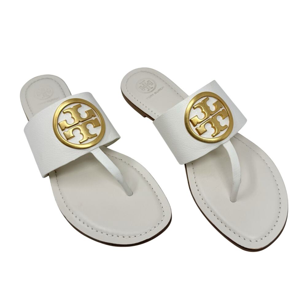 Tory Burch Ivory Benton Thong Slide Sandal Leather Gold Logo Box 9.5